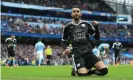  ??  ?? Riyad Mahrez celebrates after scoring for Leicester at Manchester City in February 2016 en route to the club’s title win. Photograph: Nigel French/PA Images