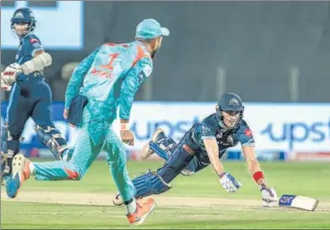  ?? BCCI ?? Shubman Gill scored an unbeaten 63 off 49 balls to help Gujarat Titans post a challengin­g 144 on a slow wicket in Pune.