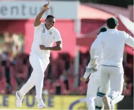  ?? Picture: REUTERS ?? THE BIG ONE: Lungi Ngidi celebrates taking the wicket of Virat Kohli at Centurion yesterday.