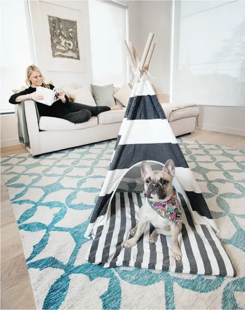  ?? PETER J THOMPSON / NATIONAL POST ?? Kate Makinson with her French bulldog Blondie. The dog sleeps in a striped teepee from Pipolli of Florida. “It’s like Blondie is my baby,” says Makinson. “This is what I happily spend my money on.”