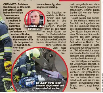  ?? ?? Organisato­r Lukas Barthel (25)
Ein „Kind“wurde in der Schaufel eingeklemm­t und musste befreit werden.