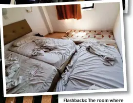  ?? ?? Flashbacks: The room where the alleged attack took place. Top, protesters in London last year. Below, the Israeli men accused of raping her