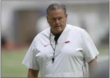  ?? (NWA Democrat-Gazette/Andy Shupe) ?? Arkansas Coach Sam Pittman said the Razorbacks enter his second season as coach feeling they have something to prove. “I love the team,” he said. “I think they’re hungry. We’re a chip on the shoulder, tough, proud team.”