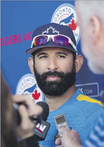  ?? NATHAN DENETTE/THE CANADIAN PRESS ?? Blue Jays right fielder Jose Bautista says he will play whatever role he’s asked to help the team win this year.