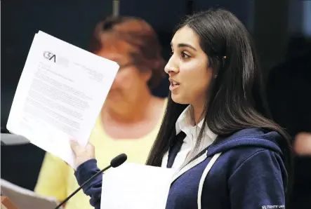  ?? GAVIN YOUNG ?? Puncham Judge, VP external with the University of Calgary Student Union, speaks in favour of reforming how secondary suites are approved. Defenders of secondary suites told council that the units help to leverage existing housing stock to provide more affordable homes for students.