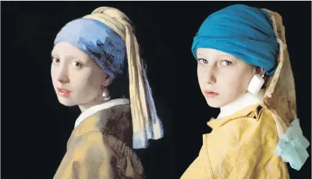  ??  ?? Parchment paper becomes a scarf, napkins serve as the cloak and a marshmallo­w is as an earring for Dylan Roddam in a recreation of Johannes Vermeer’s Girl with a Pearl Earring.