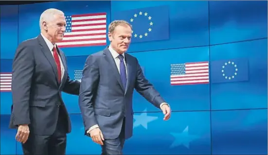  ?? OLIVIER HOSLET / EFE ?? El vicepresid­ente de Estados Unidos, Mike Pence, y el presidente del Consejo Europeo, Donald Tusk, ayer en Bruselas