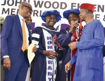  ?? ?? First Vice President, Nigerian Institutio­n of Estate Surveyors and Valuers ( NIESV), Victor Alonge ( left); Second Vice President, Muhammed Bature; Managing Director, Aircom, Mr Yemi Idowu; NIESV President, Johnbull Amayaevbo and Chief Simon Okeke during the fellows' induction and 30th J. W. Ekpenyong Memorial Lecture held in Abuja.