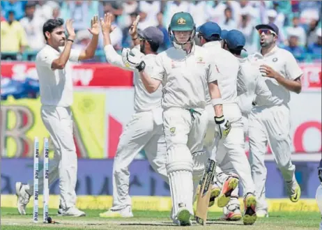  ??  ?? Centurion in the first innings, Australia captain Steve Smith fell cheaply on the third day of the final Test at Dharamsala on Monday.