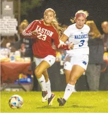  ?? GAMIZ/THE MORNING CALL APRIL ?? Easton’s Reese Krieger and Nazareth’s Gianna Marchese each looks to gain control of the ball during a game Wednesday in Easton.