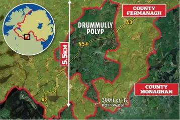  ??  ?? Jigsaw: The Drummully Polyp, which has been described as a blob on the end of a long stalk, is a 150acre chunk of Co. Monaghan that slots into the North
