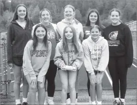  ?? Photo by Bob Parana ?? Ramettes at the Middle School Track and Field Championsh­ips in Altoona today include front l-r, Sophia Rupprecht, Delaney Dunworth, and Mia Ginther; back l-r, Andrea Porter, Bristol Mathis, Kyla McCabe, Bria McCabe, and Elexis Havrda. Aubrey Rockwell is missing from photo.