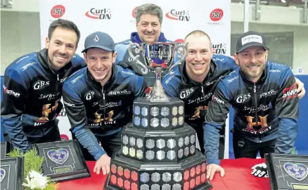  ?? SUBMITTED PHOTO ?? Team Epping members, from left, Peterborou­gh native skip John Epping, third Mat Camm, coach Jim Wilson, second Patrick Janssen and lead Tim March celebrate Sunday with the trophy after winning the Ontario Tankard men's curling championsh­ip. While the...