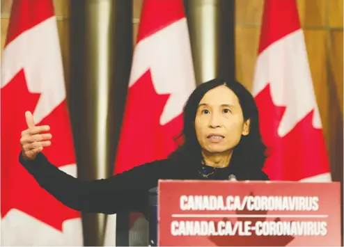  ?? Sean Kilpat rick / THE CANADIAN PRESS ?? Canada’s chief public health officer Dr. Theresa Tam said in a statement Wednesday that hospitaliz­ations tend to
trail behind new COVID cases, raising concerns that the worst effects of the second wave could be coming up.