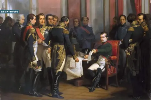  ??  ?? Napoléon signe son abdication à Fontainebl­eau le 4 avril 1814 (1843), de François Bouchot. Face à ses maréchaux, l’empereur est contraint de quitter le pouvoir, à la suite de sa défaite militaire après la campagne de France et l’invasion alliée.