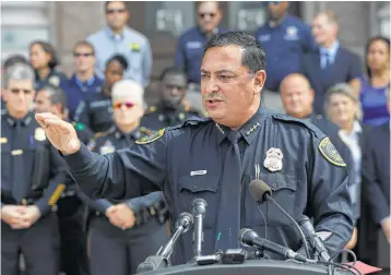  ?? Eric Gay / Associated Press ?? Houston Police Chief Art Acevedo and other law enforcemen­t officials spoke out in Austin against the bathroom bill. “It’s bad law,” he said. “It’s bad political theater. And at the end of the day, it is bad for Texas.”