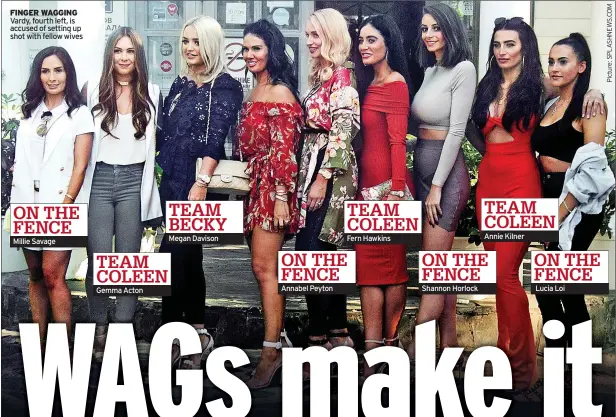  ?? ?? FINGER WAGGING Vardy, fourth left, is accused of setting up shot with fellow wives