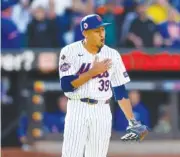  ?? AP PHOTO/NOAH K. MURRAY ?? New York Mets pitcher Edwin Díaz (39) reacts April 14 after the New York Mets defeated the Kansas City Royals in New York.