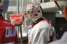  ?? FOR THE SUN-TIMES ?? Matt Tomkins (at Ohio State) is the fifth goalie on the Hawks’ depth chart.