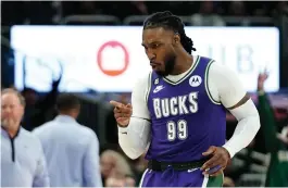  ?? (AP Photo/Aaron Gash) ?? Milwaukee Bucks’ Jae Crowder gestures after making a shot Friday during the second half of an NBA basketball game against the Miami Heat in Milwaukee.