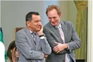  ?? AP PHOTO/RICH PEDRONCELL­I ?? Former California Assembly Speaker Anthony Rendon, left, and Assembly Republican Leader James Gallagher talk in 2022 during the Assembly session at the Capitol in Sacramento, Calif.