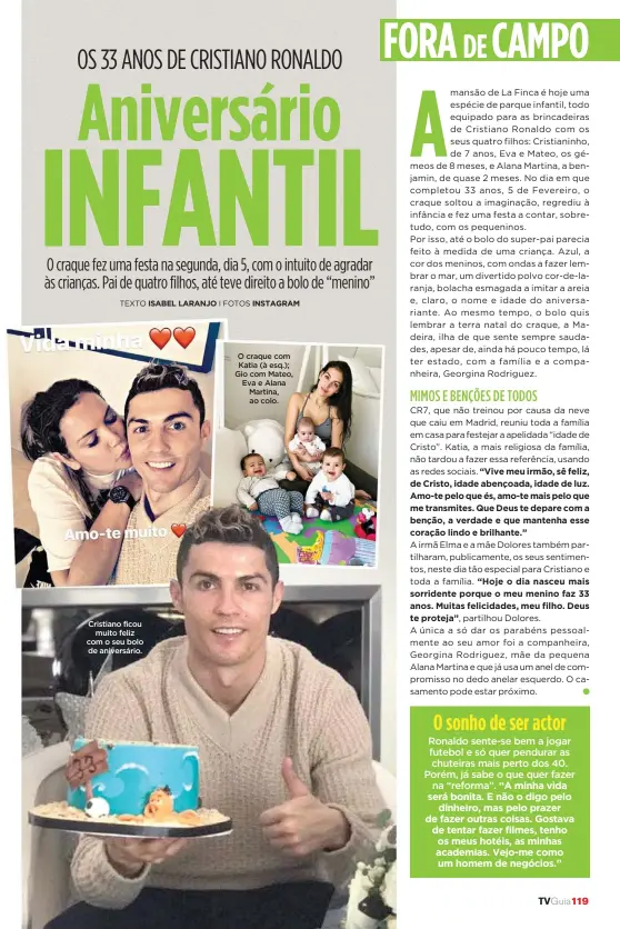  ??  ?? Cristiano ficou
muito feliz com o seu bolo de aniversári­o. O craque com Katia (à esq.); Gio com Mateo, Eva e Alana Martina, ao colo.