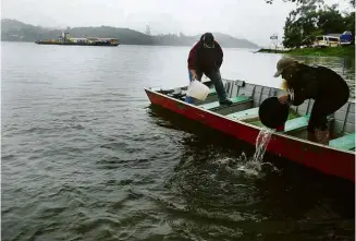  ?? Amanda Perobelli/Reuters ?? Pescadores na represa Billings, em São Bernardo do Campo