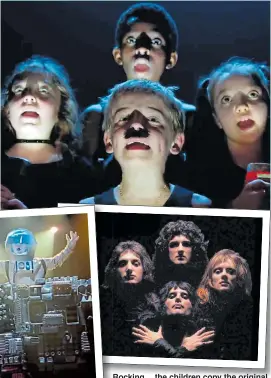  ??  ?? Rocking… the children copy the original Queen video opening before a school concert extravagan­za, with a Martian