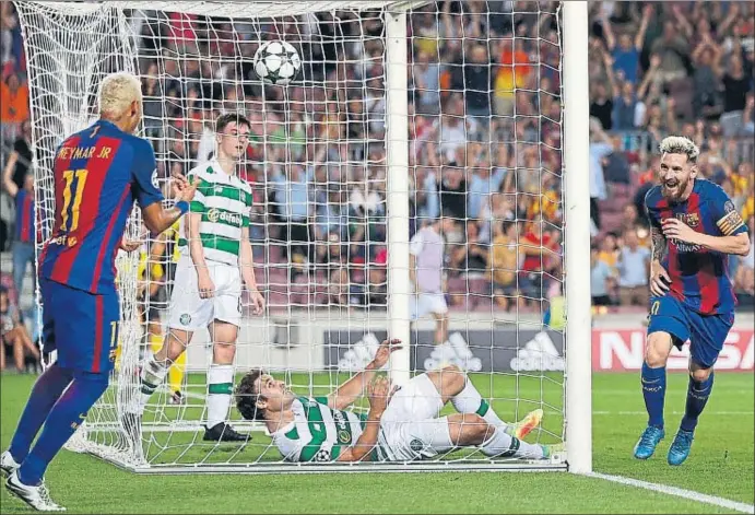  ?? DAVID AIROB ?? Messi y Neymar celebran el segundo gol, una obra de arte en la que se combinaron repetidame­nte para dinamitar el abundante entramado defensivo del Celtic