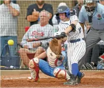  ?? STAFF PHOTO BY ROBIN RUDD ?? McKamey Bratcher makes contact for GPS during a TSSAA Division II-AA softball state semifinal Wednesday in Murfreesbo­ro, Tenn. GPS won 9-2 and is set to face rival Baylor on Thursday.