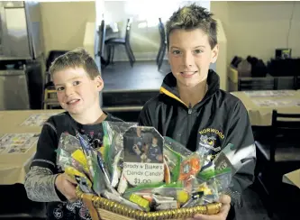  ?? JESSICA NYZNIK/EXAMINER ?? Blake Graham, left, and Brody Graham hold up a basket full of candy bags at Jack’s Family Restaurant in Norwood on Friday. The brothers sell the candy to raise money for a new skateboard park in Norwood.