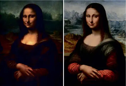  ??  ?? ABOVE: Mona Lisa times two: The better-known original from the Louvre (left) and the Prado’s version, restored in 2012 to reveal a previously unseen background.