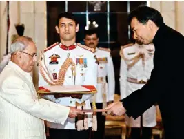  ??  ?? Chinese ambassador Luo Zhaohui presenting his credential­s to President Pranab Mukherjee at Rashtrapat­i Bhavan (Representa­tional Image)