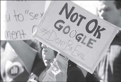  ?? AP ?? Workers protest against Google’s handling of sexual misconduct allegation­s at the company’s Mountain View, California headquarte­rs on Thursday.