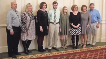  ?? Kevin Myrick / SJ ?? From left: CHS Principal Scott Hendrix, RHS Principal Robyn Teems, CHS STAR Teacher Autumn Casey, CHS and System STAR Student Andrew Whitfield, RHS STAR Student Taylor McVey, RHS STAR Teacher Jennifer Baker, Superinten­dent Laurie Atkins and Board of...