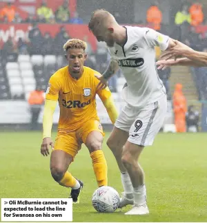  ??  ?? &gt; Oli McBurnie cannot be expected to lead the line for Swansea on his own