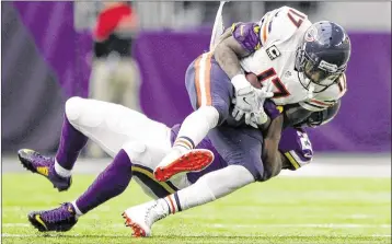  ?? ANDY CLAYTON-KING / AP ?? Bears receiver Alshon Jeffery (making a catch against the Vikings) is a top free agent this year.