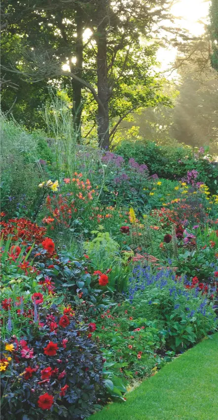  ??  ?? The Hot Border leads to the Bell Gate of the Walled Garden. The dahlias include Marie Schnugg, Fascinatio­n and Bishop of Llandaff