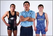  ?? NWA Democrat-Gazette/SPENCER TIREY ?? Shae Chafin (from left) of Rogers Heritage is the Wrestler of the Year, former Springdale Har-Ber coach Nika West is the Coach of the Year and Jake Turner of Rogers High has been selected as our All-NWA Democrat-Gazette Wrestling Newcomer of the Year.