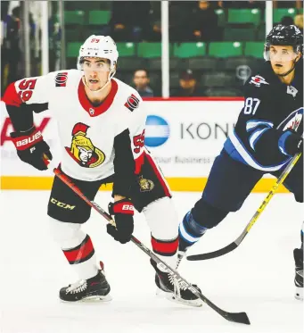  ?? JASON SCOURSE ?? Ottawa Senators forward prospect Alex Formenton faced off against Winnipeg Jets prospects during their game Friday night at the Rookie Showcase at CAA Arena in Belleville.