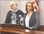  ?? Emilie Munson / Hearst Connecticu­t Media ?? Sen. Cathy Osten, D-Baltic, left, and Rep. Toni Walker, D-New Haven, introduce the Democrats’ proposed fiscal year 2019 state budget in the Capitol in Hartford Friday.