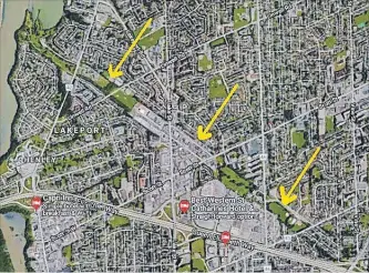  ?? GOOGLE MAPS ?? This aerial view of the northwest quadrant of St. Catharines displays an odd strip of properties slicing diagonally across the city, largely ignoring surroundin­g layout patterns. The strip marks the path of the third Welland Canal, replaced by the new Welland Ship Canal which opened to traffic late in 1930.