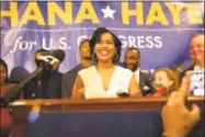  ?? Ryan Caron King / Connecticu­t Public Radio / CT Mirror ?? Jahana Hayes declaring victory on election night.