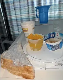  ??  ?? Above, Gary Moller’s meal at Wellington Hospital and, below, a nutritious alternativ­e he cooked at home. He believes good nutrition is almost a human right, and that hospitals should be doing better.