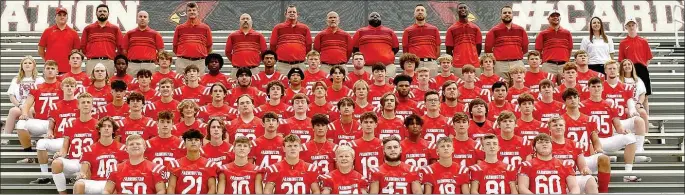  ?? MARK HUMPHREY/ ENTERPRISE-LEADER ?? Farmington’s varsity football team enters the 2021 season with hopes of qualifying for the Class 5A state playoffs under new head coach J.R. Eldridge. Several returning starters beef up the offense.