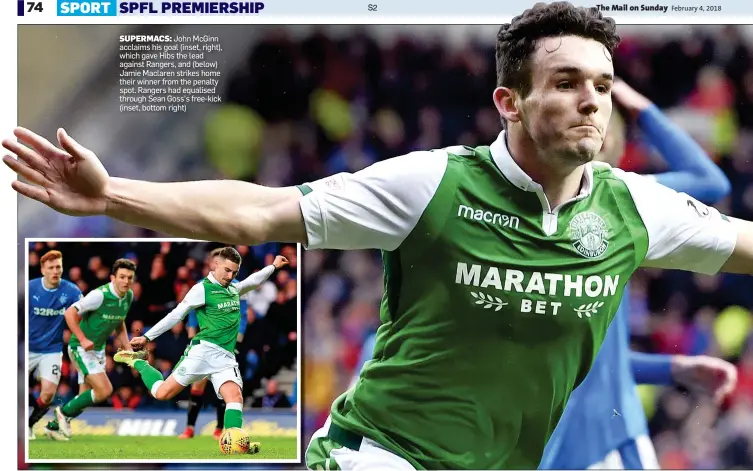  ??  ?? SUPERMACS: John McGinn acclaims his goal (inset, right), which gave Hibs the lead against Rangers, and (below) Jamie Maclaren strikes home their winner from the penalty spot. Rangers had equalised through Sean Goss’s free-kick (inset, bottom right)