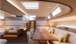  ?? ?? Above: the light, raised saloon. Right and bottom: the Solaris is set up so it can be sailed and managed shorthande­d