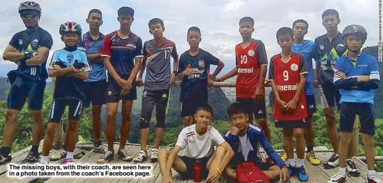  ??  ?? The missing boys, with their coach, are seen here in a photo taken from the coach’s Facebook page.