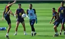  ?? Photograph: Javier Soriano/AFP/Getty Images ?? Rodri (right) in training with his holding midfielder mentor Sergio Busquets, Carlos Soler, Robert Sánchez and Yeremy Pino.