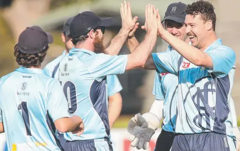  ?? Pictures: PAT SCALA ?? UP AND ABOUT: Newtown and Chilwell spearhead Jackson Davis celebrates a wicket and lets rip (below) early.